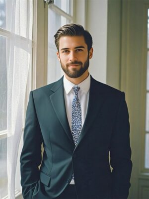 A man wearing a stylish slate blue tie.