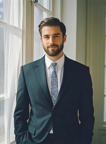 A man wearing a stylish slate blue tie.