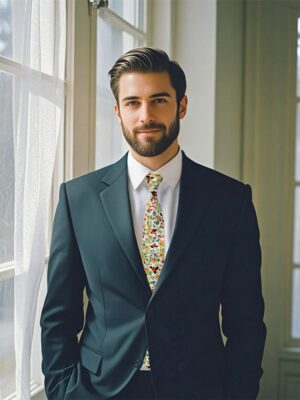 A person wearing a vibrant yellow floral tie.