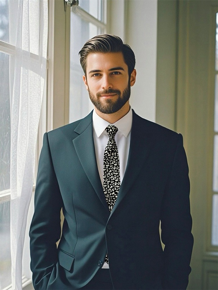 Men's black ties with elegant floral patterns.