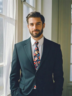 A model wearing a black floral silk tie and a dark suit