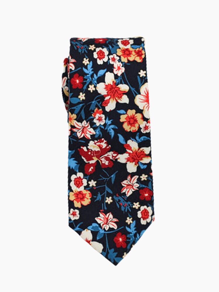 A black tie with colorful floral designs.