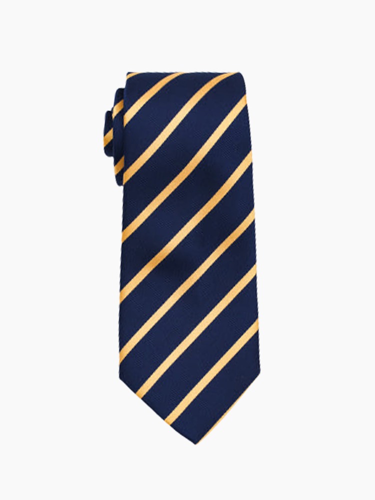 A navy - blue tie with gold stripes displayed on a plain background.