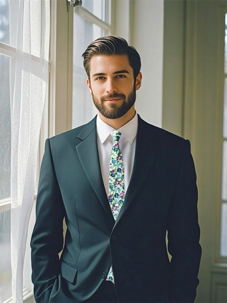 A model showcasing a stylish dusty blue floral tie.