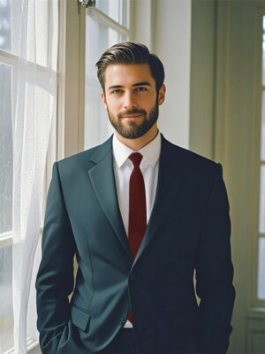 A model wearing a stylish Cabernet - colored cotton tie, perfect for great tie and dress tie occasions.