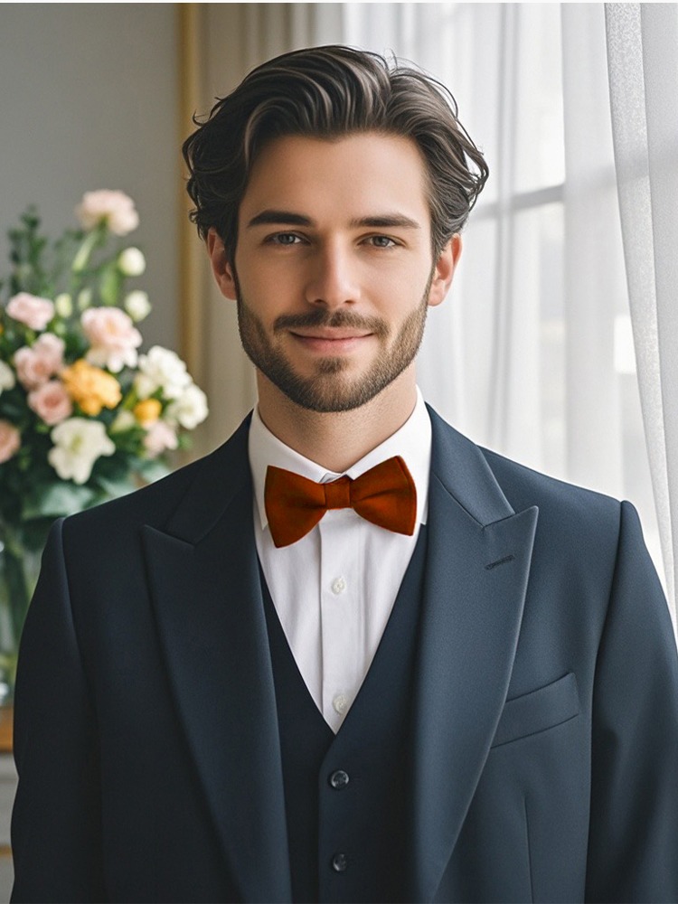 A person is elegantly dressed in a dark suit with a white shirt and a striking red bow tie.