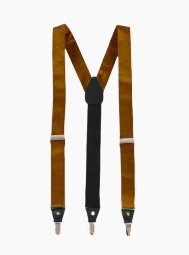 A pair of stylish satin rust - colored suspenders with black and silver accents.