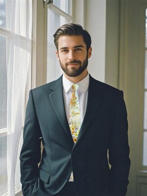 A person wearing an ivory canary floral tie with a dark navy suit, exuding a sophisticated and elegant appearance.