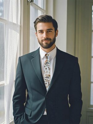 A person wearing a silver floral tie with a dark navy suit, exuding a sophisticated and elegant appearance.