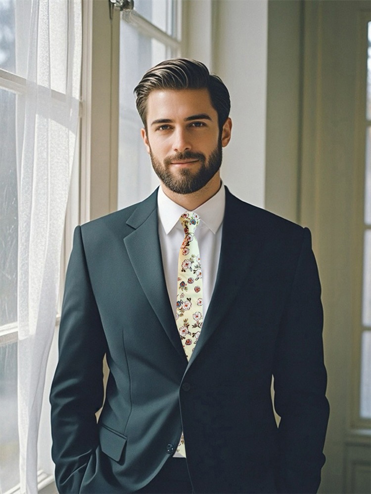 A person wearing a canary - colored floral tie with a dark navy suit, exuding a sophisticated and elegant appearance.