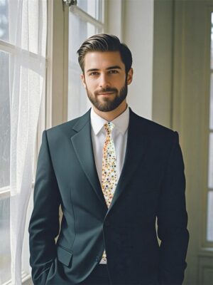 A person wearing a rust - colored floral tie with a dark navy suit, exuding a sophisticated and elegant appearance.