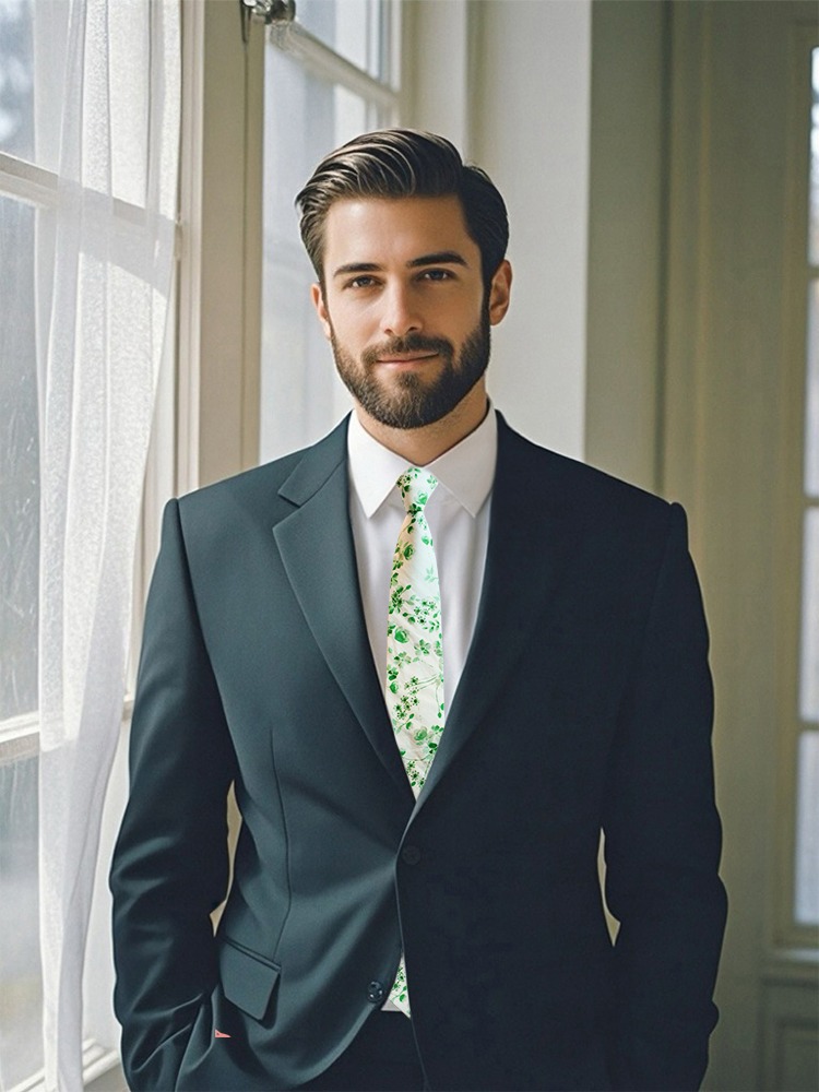 A person wearing a grass - green floral tie with a dark navy suit, exuding a fresh and stylish appearance.