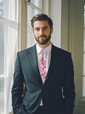 A person wearing a fuchsia paisley tie with a dark navy suit, exuding a sophisticated and elegant appearance.