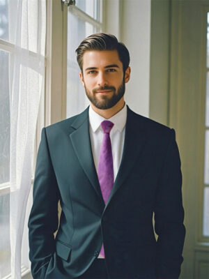 A model wearing a bouquet - colored velvet tie and a dark suit