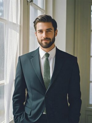 A male model wearing a dark navy suit and a dark eucalyptus velvet tie.