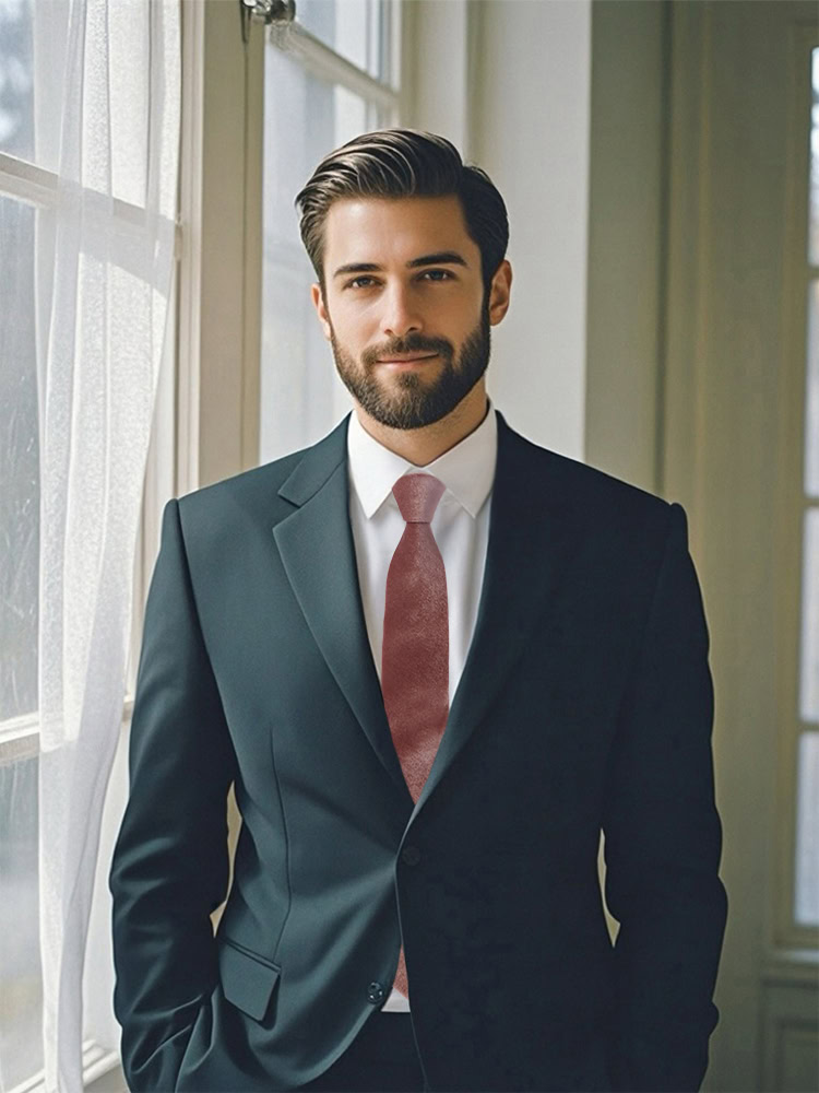 A man wearing a dark navy suit and a dusty rose tie, standing indoors with natural light in the background.
