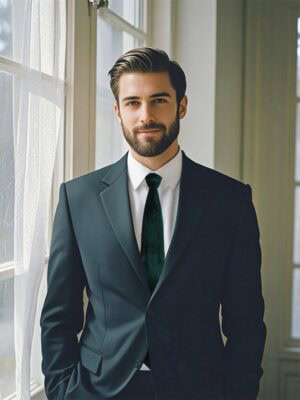 A man wearing a dark navy suit and an emerald velvet tie.