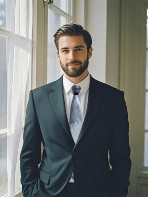 A man wearing a dark navy suit and a light - gray tie, standing indoors with natural light in the background.
