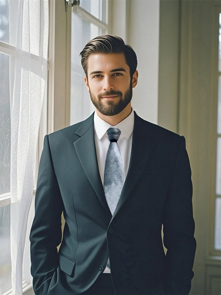 A man wearing a dark navy suit and a light - gray tie, standing indoors with natural light in the background.