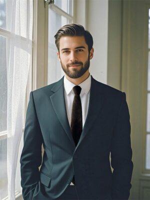 A man dressed in a dark navy suit with a sage velvet tie standing by a window.