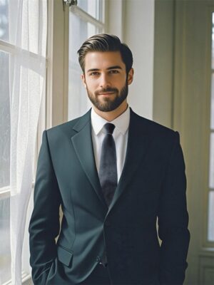 A male model wearing a dark navy suit and a slate blue tie.