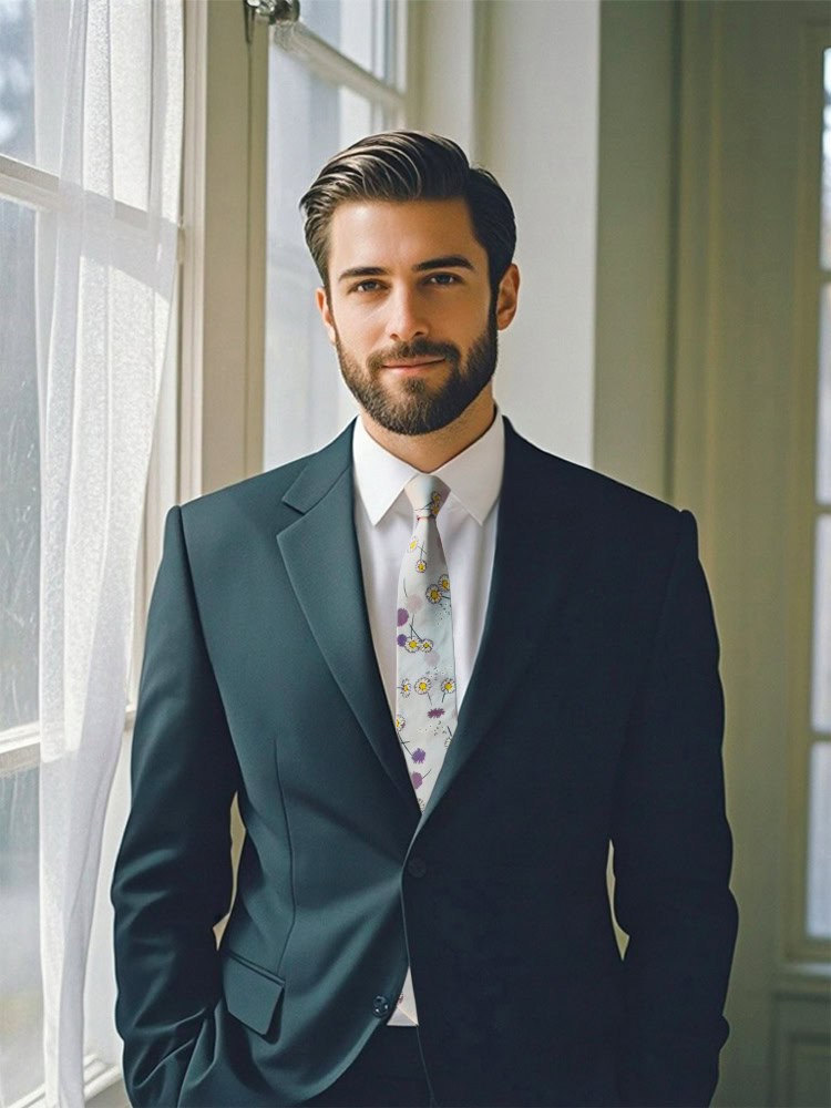 A well - dressed male model wearing a Lavender Daisy Necktie.