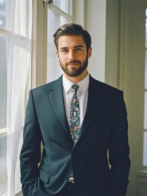 Man wearing a tie with bird print pattern