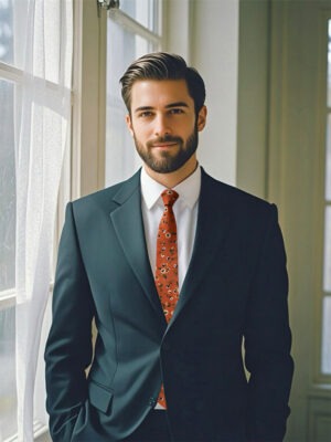 A man wearing a suit with a terra cotta floral tie, presenting a stylish and sophisticated look.