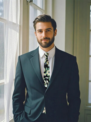 A well - dressed male model wearing a Black Grass Leaf Floral Tie.