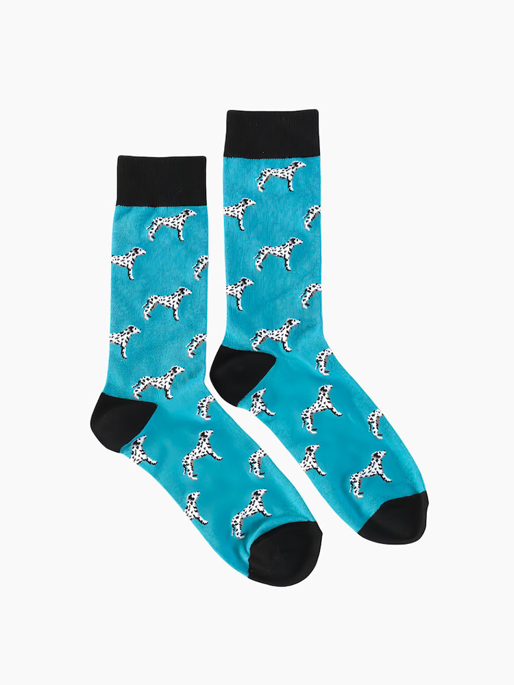 A pair of light - blue socks with a pattern of spotted puppies, black cuffs, and black toes.
