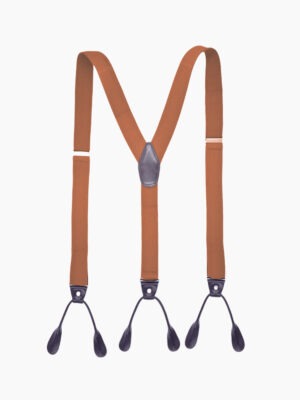 A pair of brown elastic suspenders with black clips