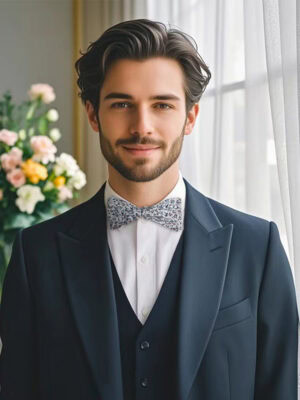 A man wearing a dark suit and a dusty blue floral self - tied bow tie, presenting a refined and elegant style.