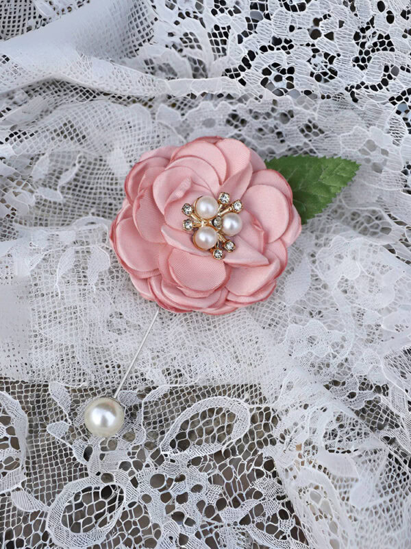 Pink Camellia Brooch and Pearl Bracelet Set