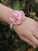 Pink Camellia Brooch and Pearl Bracelet Set