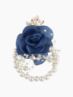 Navy Blue Rose Brooch and Pearl Bracelet Set