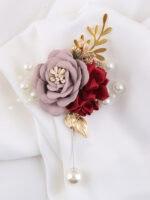 Burgundy and Mauve Rose Brooch and Pearl Bracelet Set