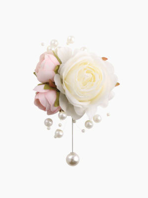 White and pink rose brooch with cascading pearl accents