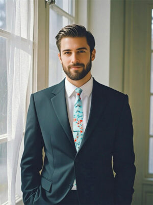 A model wearing a sky - blue floral men's tie with a dark suit