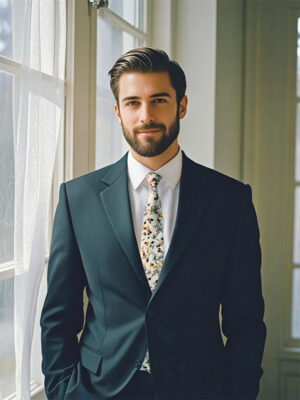 A model wearing a dark suit and a botanical - blush patterned men's tie, standing by a window.