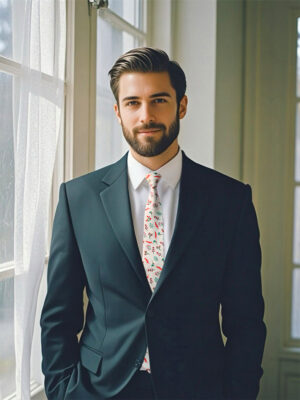 A model wearing a dark suit and a pastel - sprig patterned men's tie, standing beside a window.