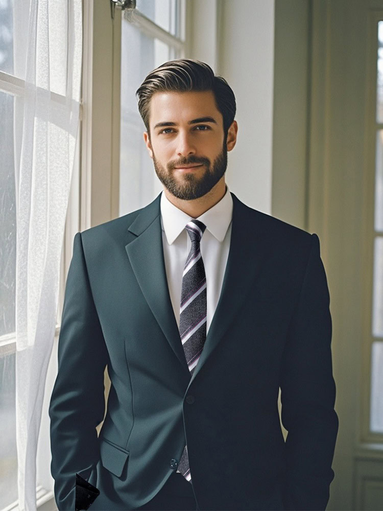 Man in a suit wearing a grey lilac diagonal striped tie.