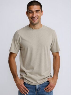 Men's Light Beige Knit Crew Neck Short Sleeve Tee - Model Showcase