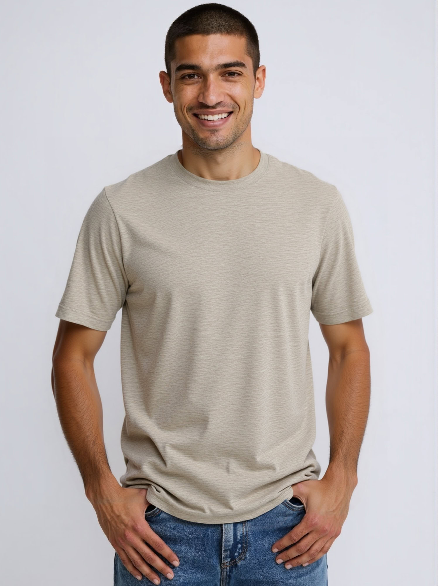 Men's Light Beige Knit Crew Neck Short Sleeve Tee - Model Showcase