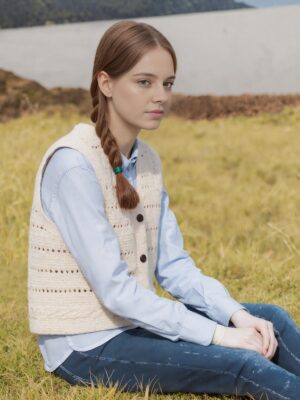 WOOL BLEND KNIT CROCHET VEST | IVORY & DARK GREY