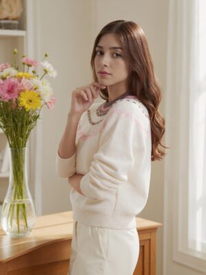 100% Cashmere Fair Isle Sweater Elegant Indoor