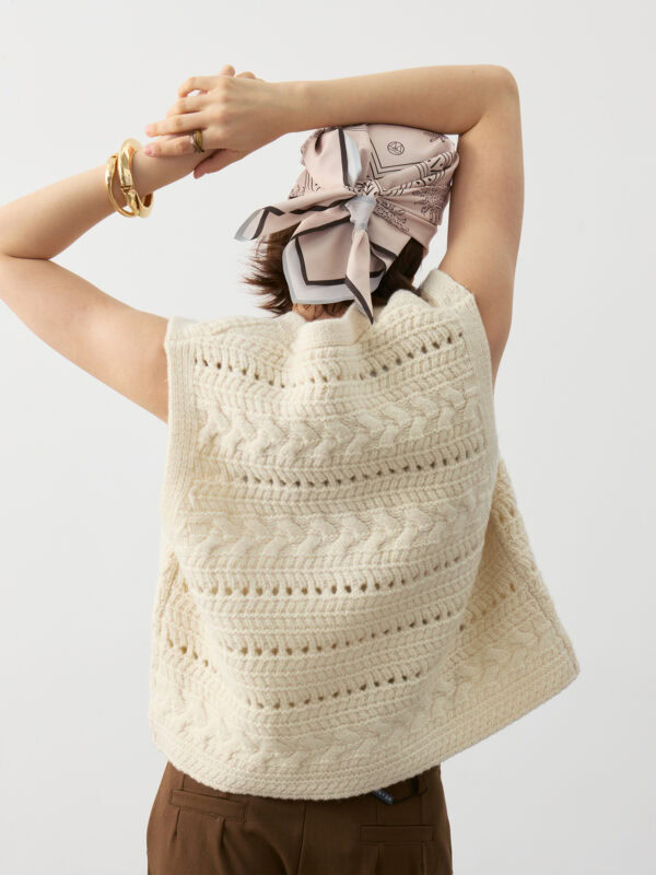 WOOL BLEND KNIT CROCHET VEST | IVORY & DARK GREY