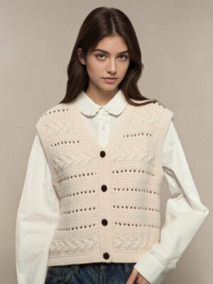 Ivory Wool Blend Crochet Vest Layered Look