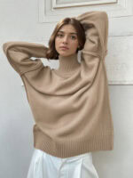 HIGH - NECK KNIT SWEATER IN BLACK, WHITE & CHAMPAGNE