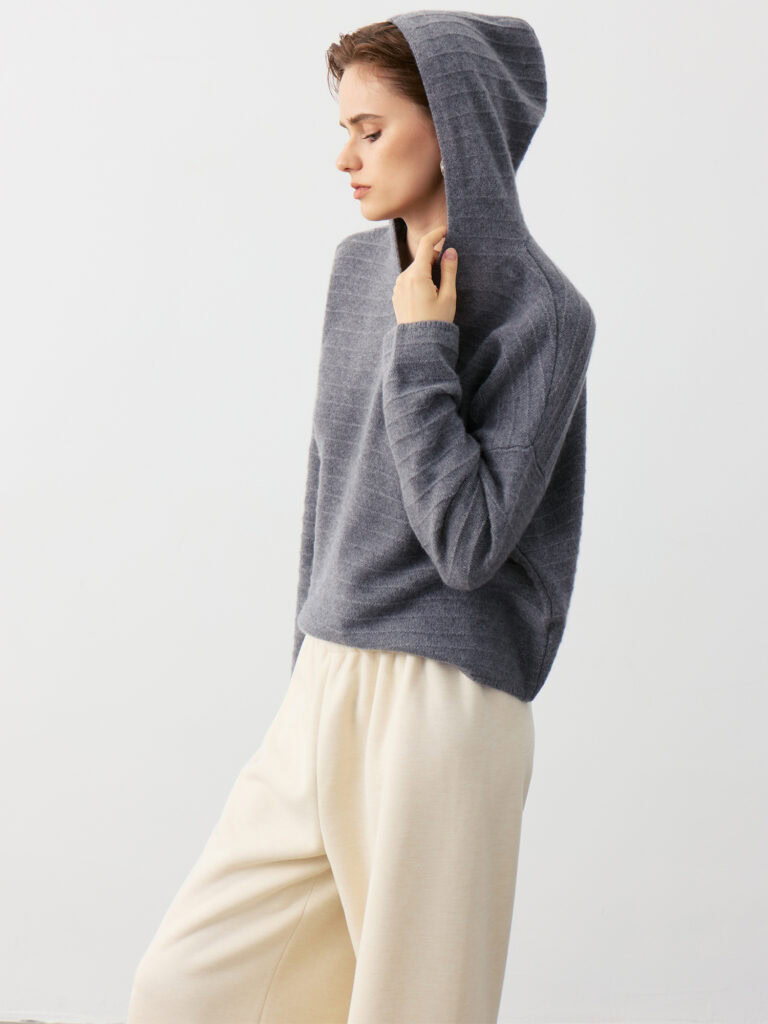 Luxury Rebel 100% Cashmere Hooded Sweater Outfit | Dark Grey with Cream Pants & Hood Styling Detail - Edgy Luxury