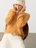 OVERSIZE 100% CASHMERE CABLE-KNIT SWEATER | VIBRANT ORANGE & CHARCOAL GREY & SOFT IVORY